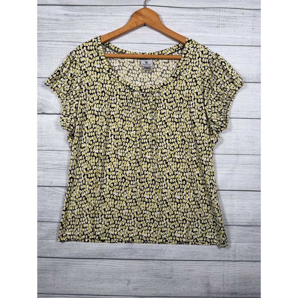 Worthington Woman Stretch 1X Green Black White Print Short Sleeve Top 1494